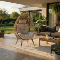 Outdoor Accent Chair, Teardrop Cocoon w Beige Pillow, Brown PE Rattan -BM325088