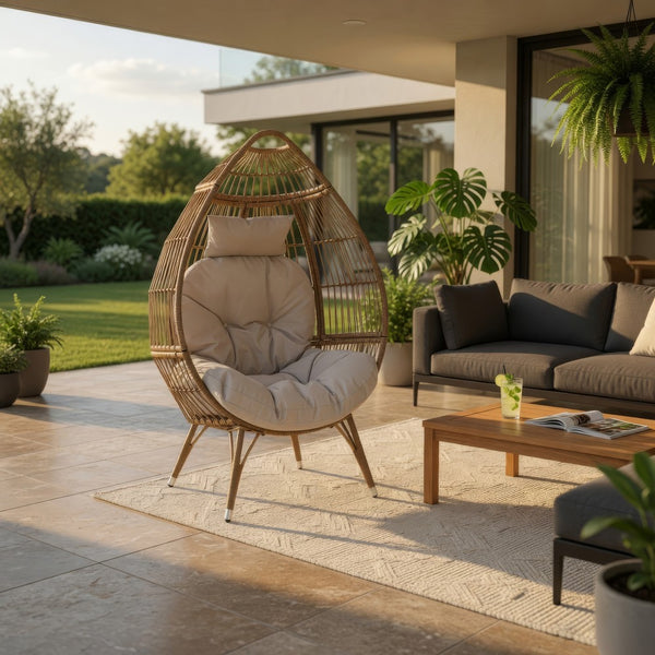 Outdoor Accent Chair, Teardrop Cocoon w Beige Pillow, Brown PE Rattan -BM325088