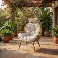 Outdoor Accent Chair, Teardrop Cocoon w Beige Pillow, Brown PE Rattan -BM325088