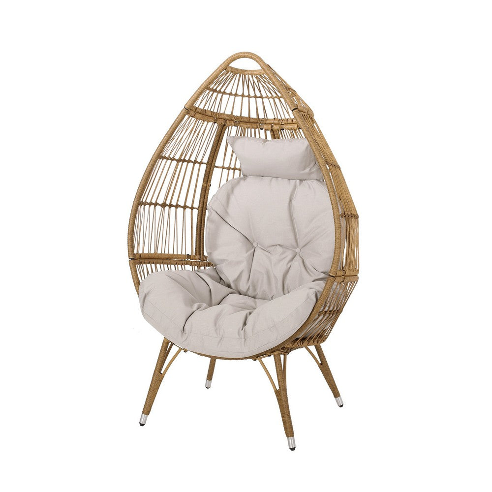 Outdoor Accent Chair, Teardrop Cocoon w Beige Pillow, Brown PE Rattan -BM325088