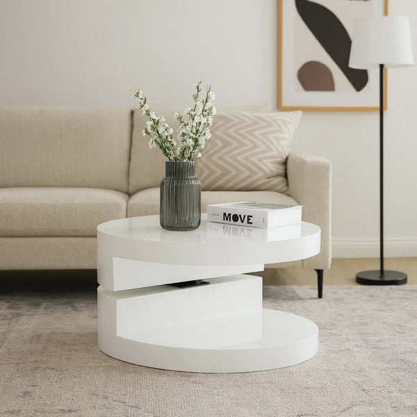 Coffee Table, Open Shelf, Rotating 24 Inch Modern Round White Top -BM325089