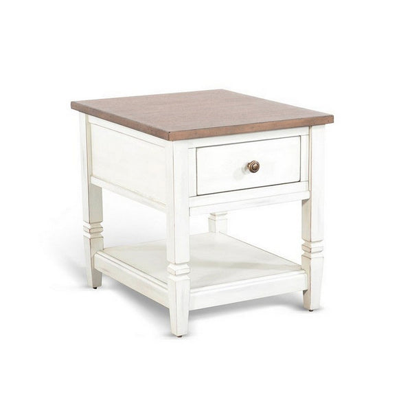 Dean Side End Table w Shelf, Drawer, 26 Inch Rectangular Brown, White