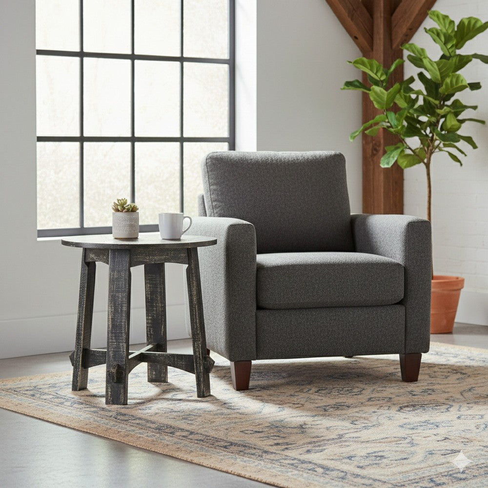 Rena Side End Table, X Legs, 24in Round, Distressed Rustic Black Wood -BM325155