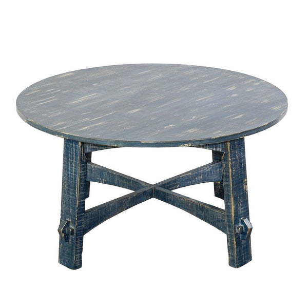 Rena Rustic Coffee Table, 36 Inch Round Top Distressed Ocean Blue Wood -BM325156