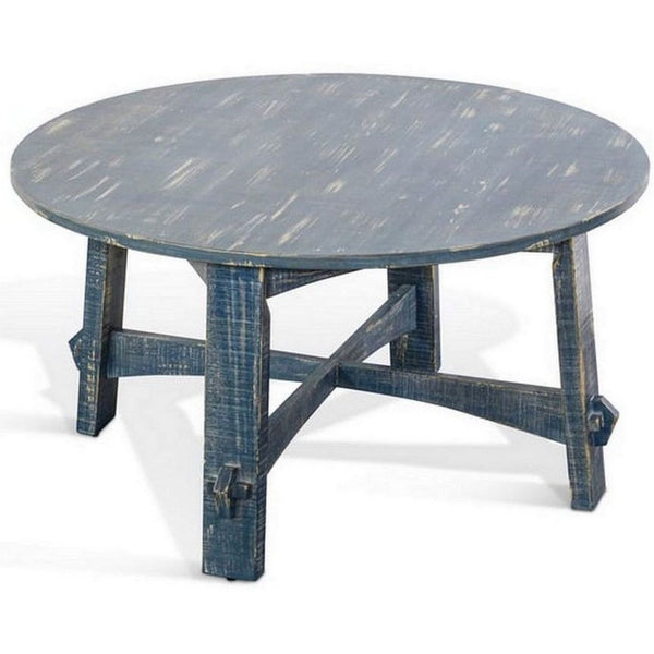 Rena Rustic Coffee Table, 36 Inch Round Top Distressed Ocean Blue Wood
