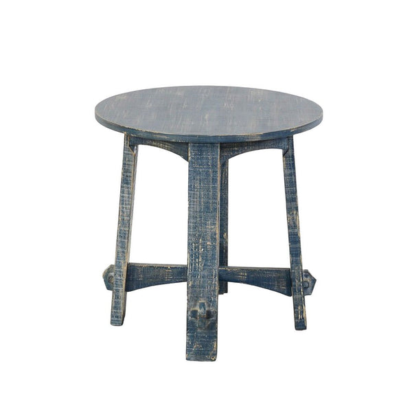 Rena Side End Table, 24 Inch Round Top, Rustic Distressed Blue Wood -BM325158