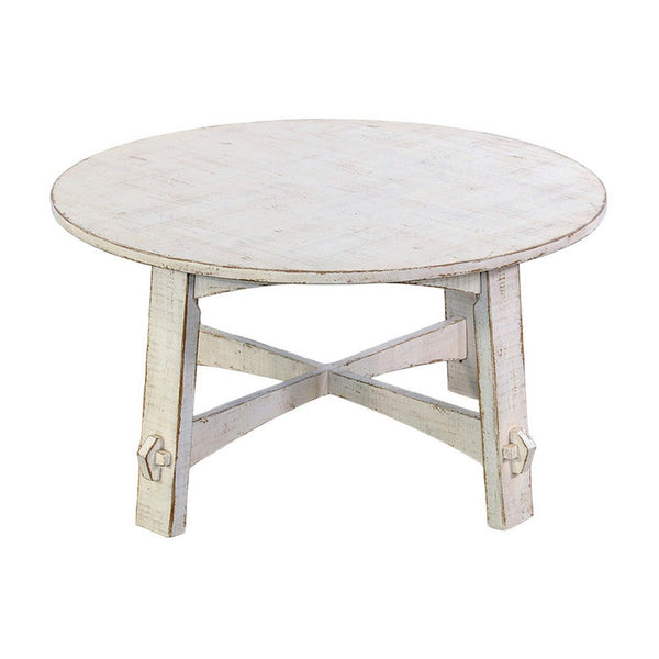 Rena Rustic Coffee Table, 36 Inch Round Top, Distressed White Wood -BM325159