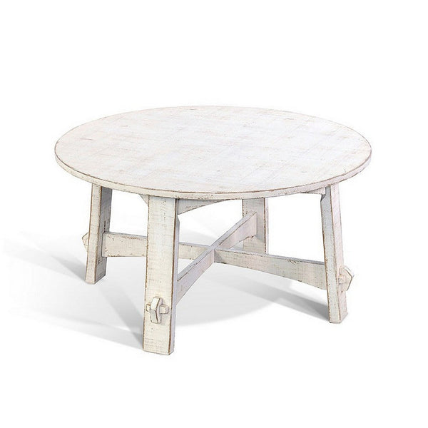 Rena Rustic Coffee Table, 36 Inch Round Top, Distressed White Wood