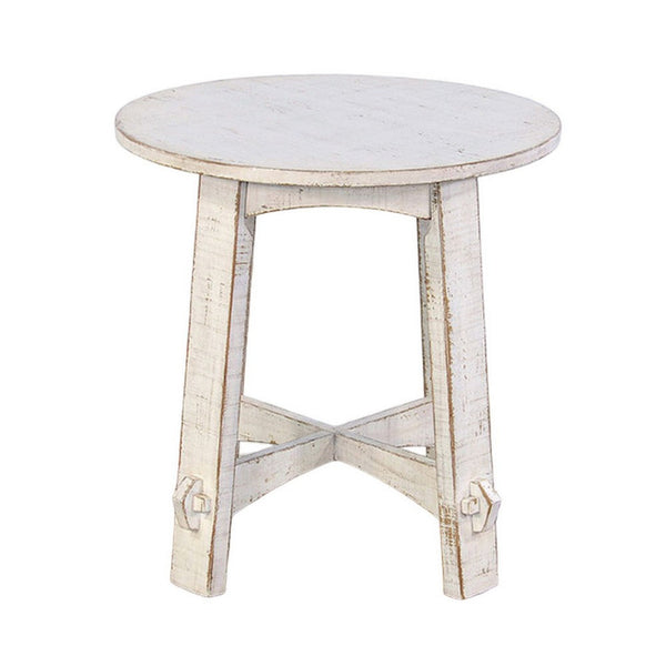 Rena Rustic Side End Table, X Legs, 24in Round, Distressed White Wood -BM325161