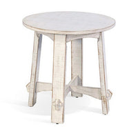 Rena Rustic Side End Table, X Legs, 24in Round, Distressed White Wood