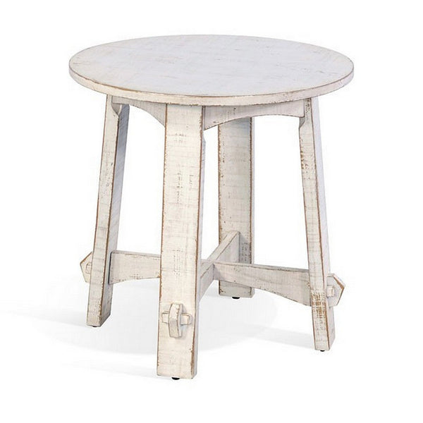 Rena Rustic Side End Table, X Legs, 24in Round, Distressed White Wood