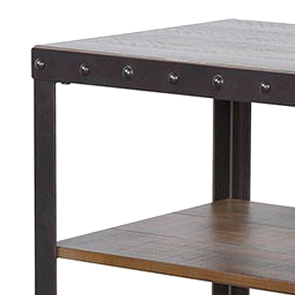 Ayka Chairside Table w 2 Shelf, Nailhead, 28 Inch Rectangular Brown -BM325163