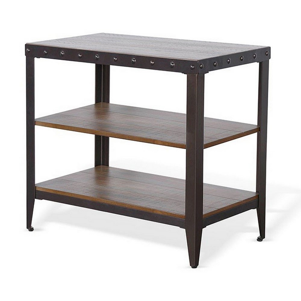 Ayka Chairside Table w 2 Shelf, Nailhead, 28 Inch Rectangular Brown