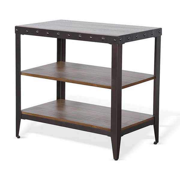 Ayka Chairside Table w 2 Shelf, Nailhead, 28 Inch Rectangular Brown
