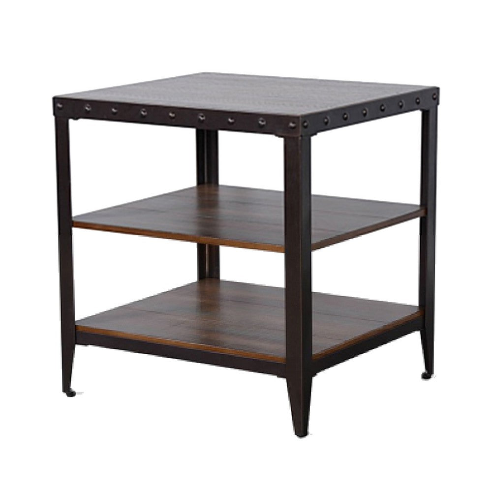 Ayka Side End Table w 2 Shelf, Nailhead, 24 Inch Rectangular Brown -BM325164