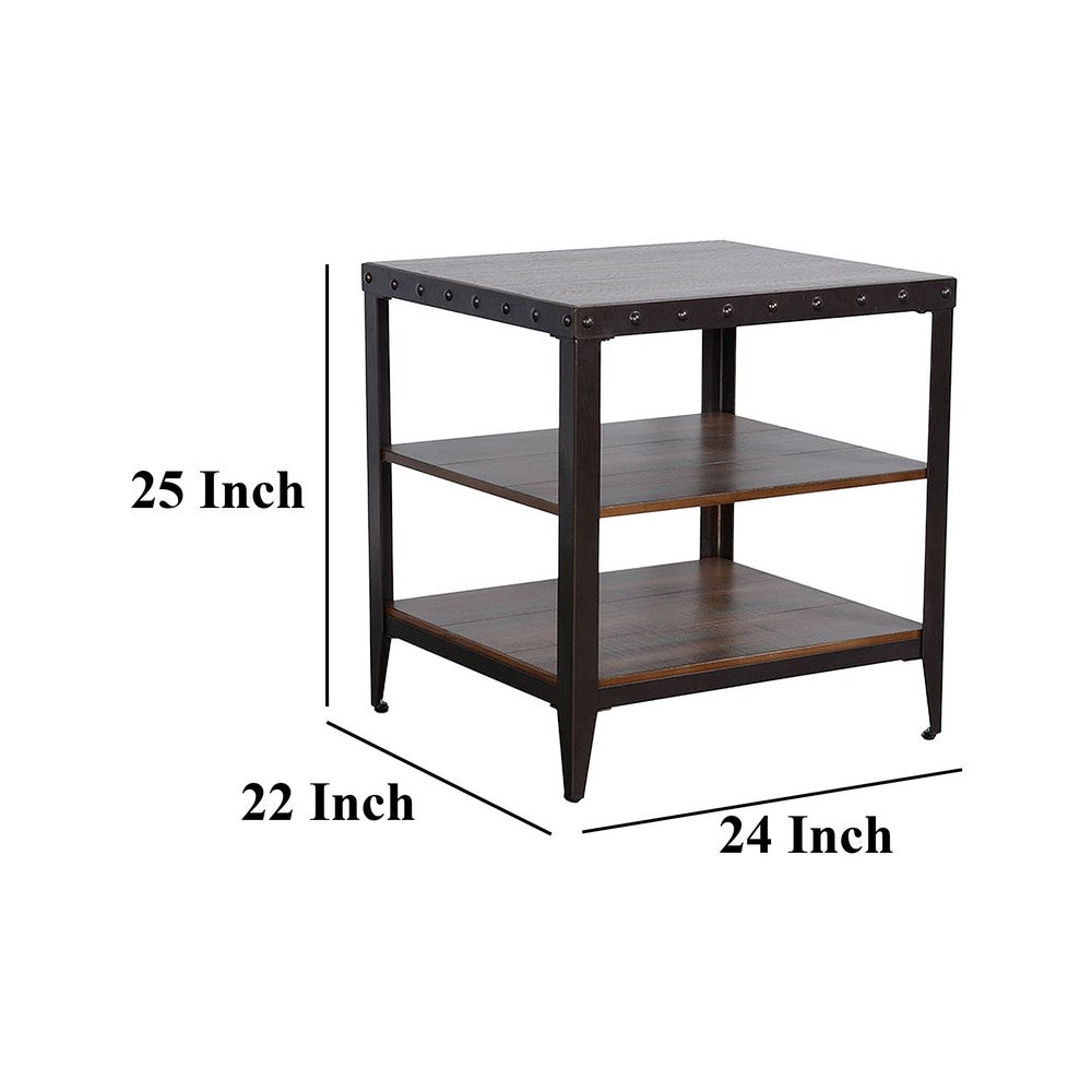 Ayka Side End Table w 2 Shelf, Nailhead, 24 Inch Rectangular Brown -BM325164