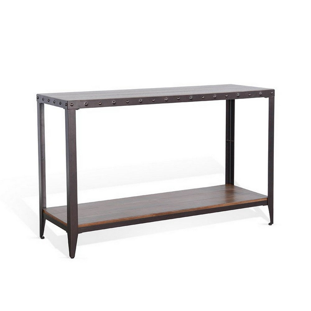 Ayka Sofa Table w Shelf, Nailhead Accent, 48 Inch Rectangular Brown