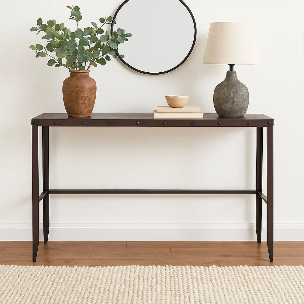 Ayka Sofa Bar Table w Nailhead Accent, 60 Inch Rectangular Brown Wood -BM325166