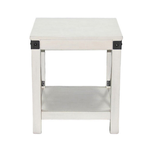 Sime Side End Table w Shelf, X Panel, 20 Inch Square Off White Wood -BM325169