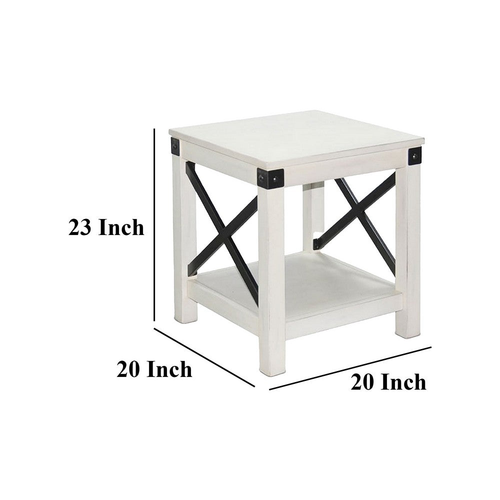 Sime Side End Table w Shelf, X Panel, 20 Inch Square Off White Wood -BM325169