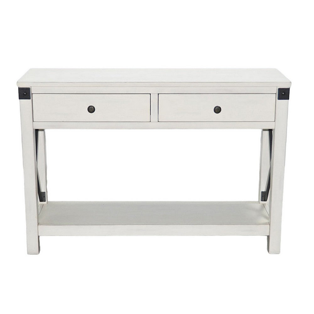 Sime Sofa Table w Shelf, 2 Drawers, 44 Inch Rectangular Off White Wood -BM325170