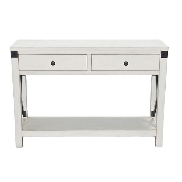 Sime Sofa Table w Shelf, 2 Drawers, 44 Inch Rectangular Off White Wood -BM325170