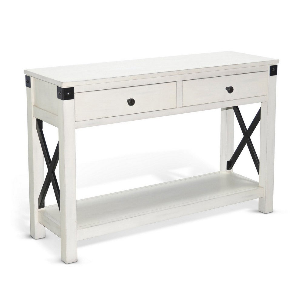 Sime Sofa Table w Shelf, 2 Drawers, 44 Inch Rectangular Off White Wood
