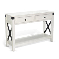 Sime Sofa Table w Shelf, 2 Drawers, 44 Inch Rectangular Off White Wood
