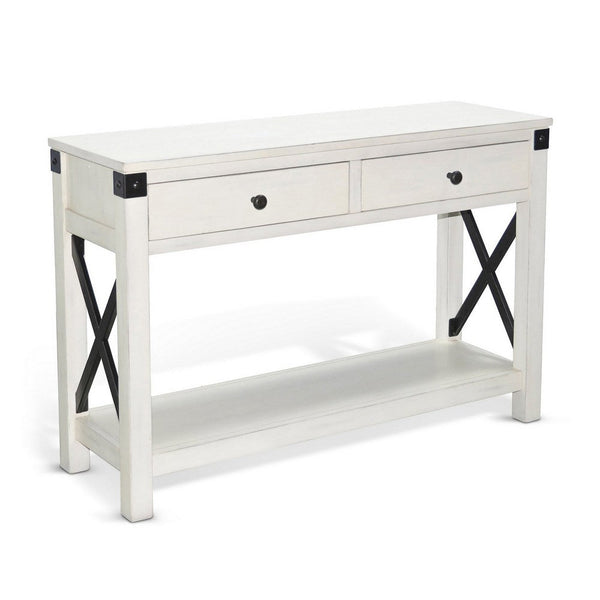Sime Sofa Table w Shelf, 2 Drawers, 44 Inch Rectangular Off White Wood