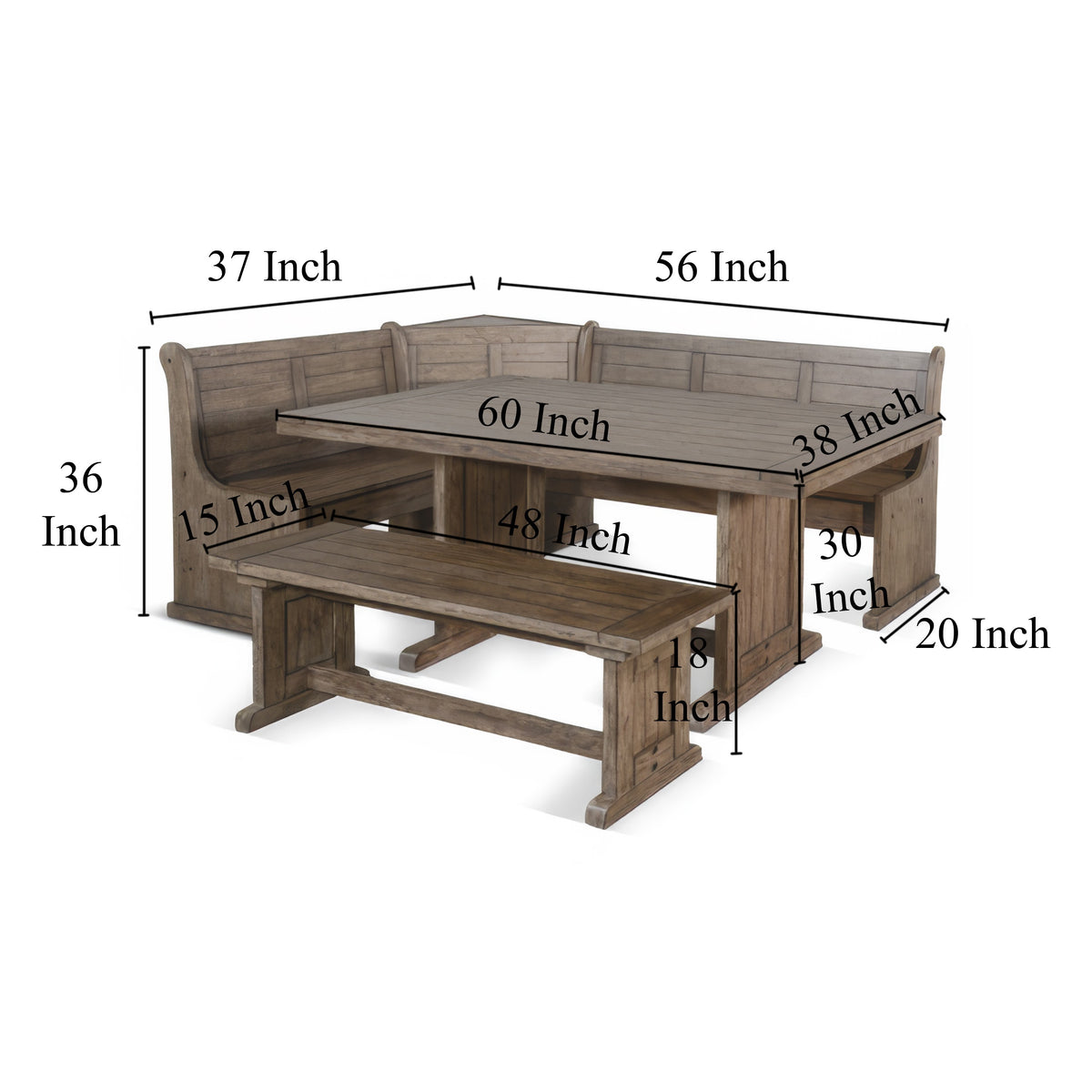 Yael 4pc Corner Breakfast Nook Set, Brown Dining Table Corner Bench