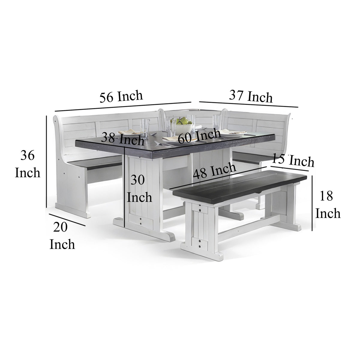 Orso 4pc Breakfast Nook Dining Table Set, Corner Bench, White Brown