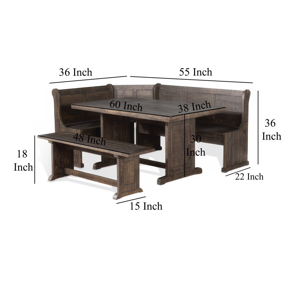 Flint 4pc Breakfast Nook Set, Dining Table, Corner Bench, Dark Brown