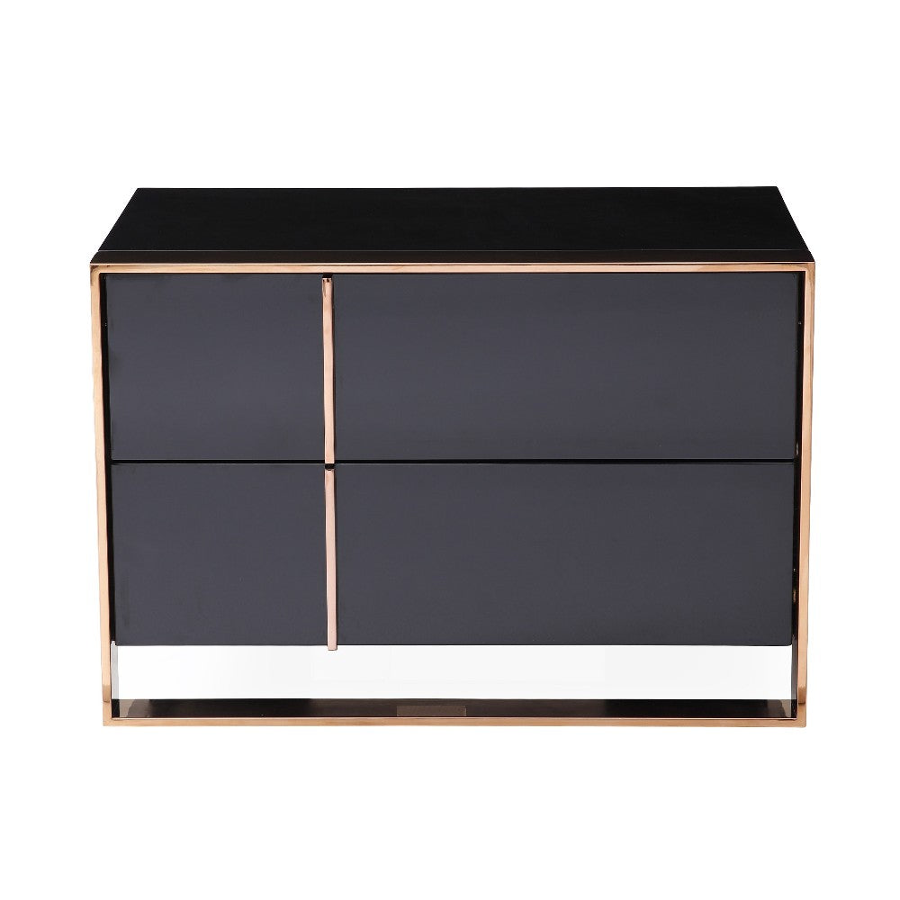 Caer Nightstand, 2 Drawers, Modern Rose Gold Stainless Steel, Black -BM325236