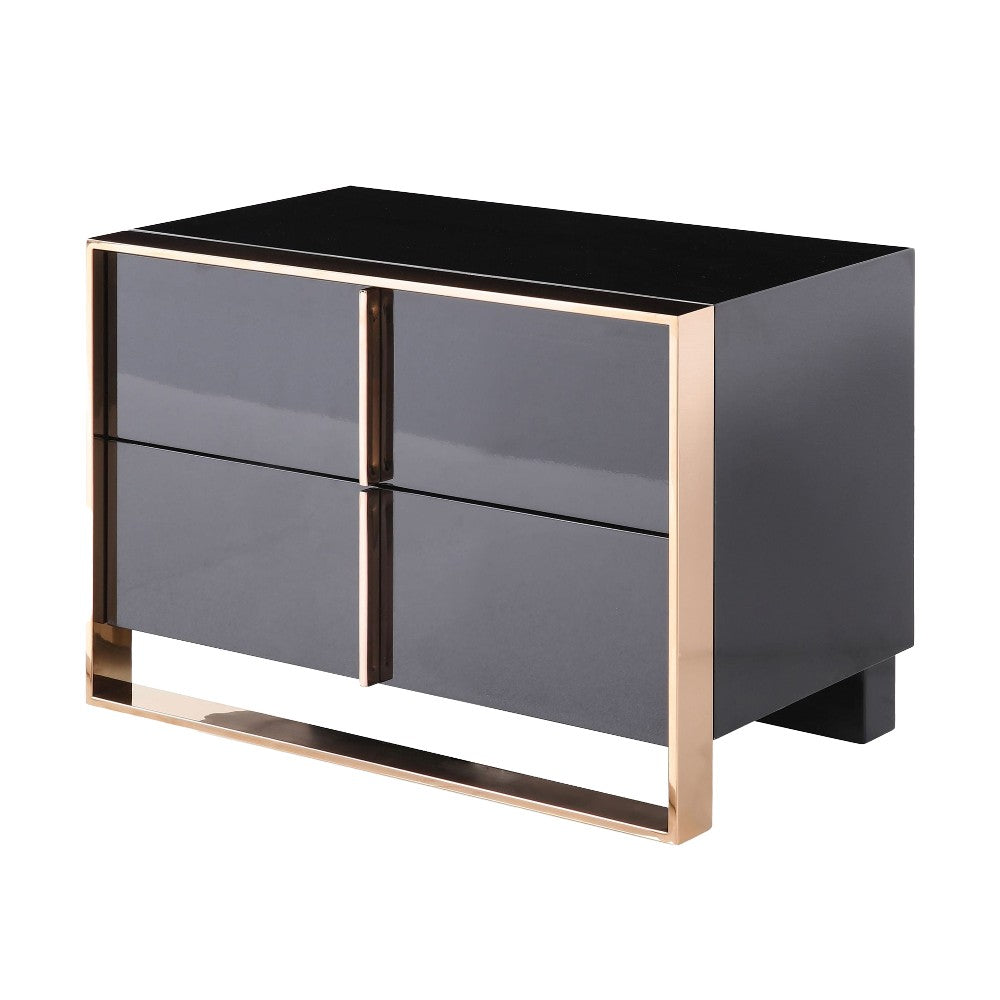 Caer Nightstand, 2 Drawers, Modern Rose Gold Stainless Steel, Black -BM325236