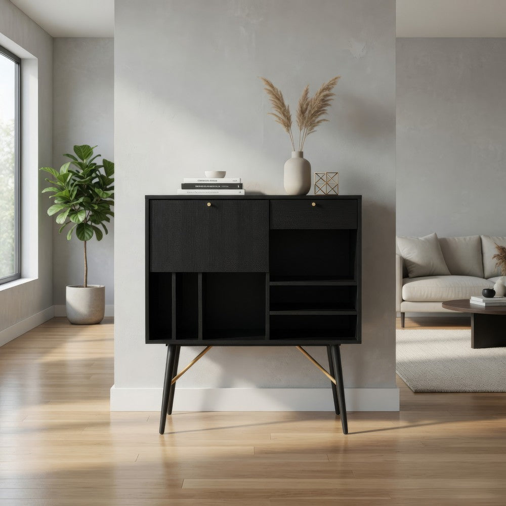 Belo Accent Buffet Sideboard, 6 Shelves, Gold Accent, Black, 42 Inch -BM325252