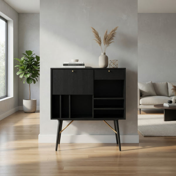 Belo Accent Buffet Sideboard, 6 Shelves, Gold Accent, Black, 42 Inch -BM325252