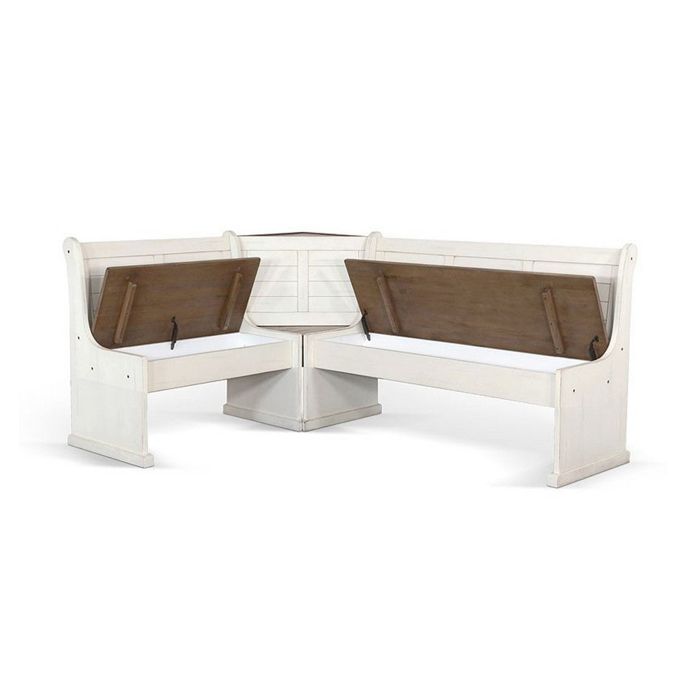 Sime 4pc Corner Breakfast Nook Set | Farmhouse White Brown Dining Table with 3 Benches - BM325263