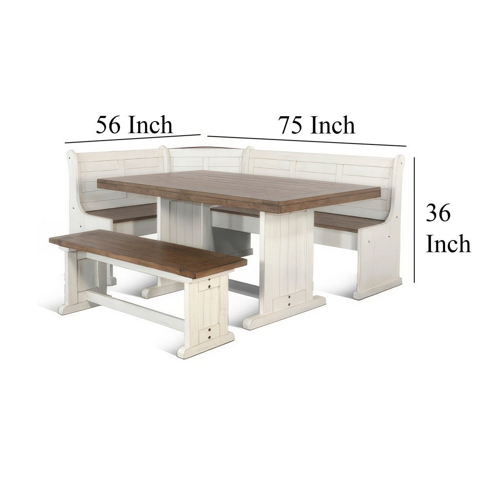 Sime 4pc Corner Breakfast Nook Set | Farmhouse White Brown Dining Table with 3 Benches - BM325263