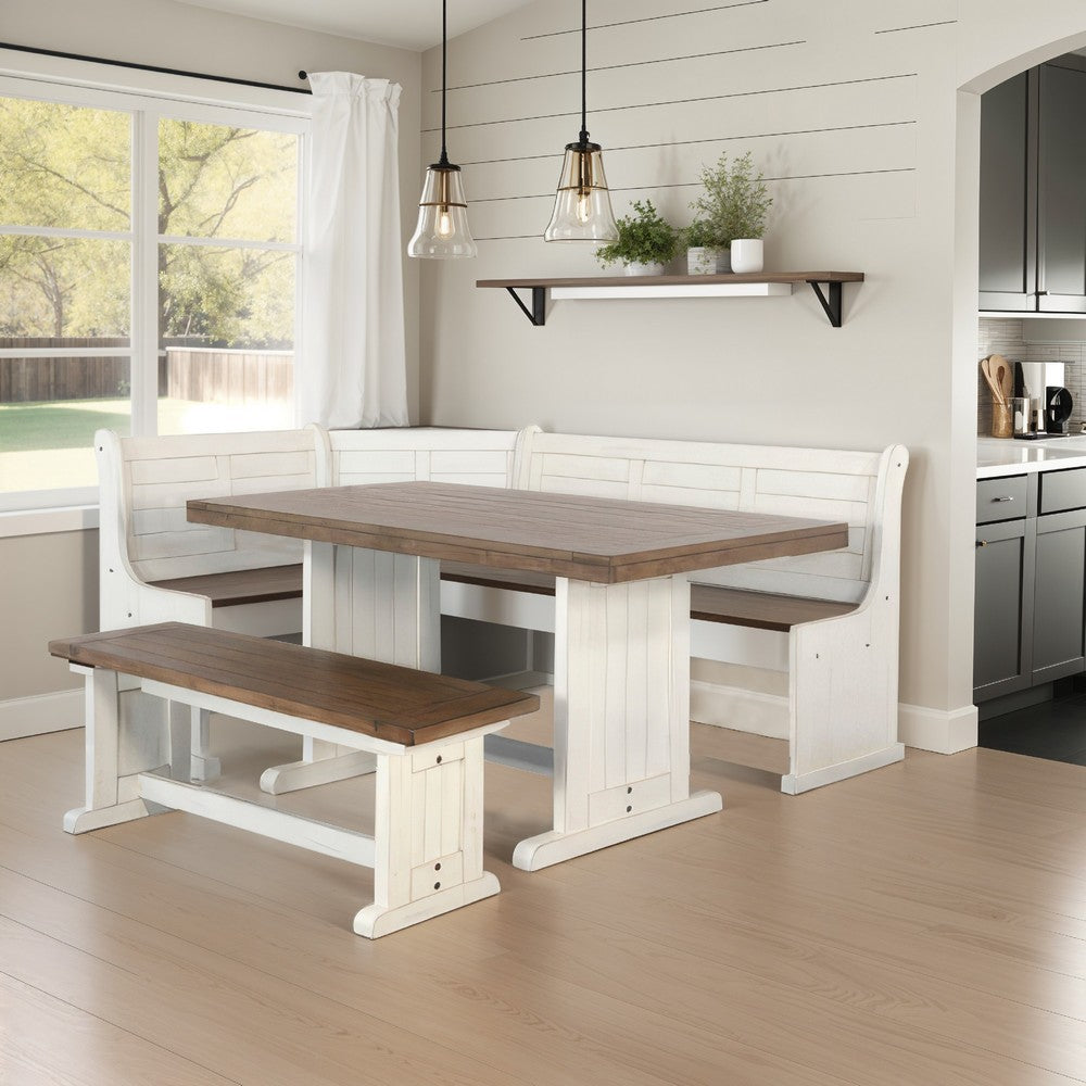 Sime 4pc Corner Breakfast Nook Set | Farmhouse White Brown Dining Table with 3 Benches - BM325263