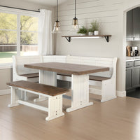 Sime 4pc Corner Breakfast Nook Set | Farmhouse White Brown Dining Table with 3 Benches - BM325263