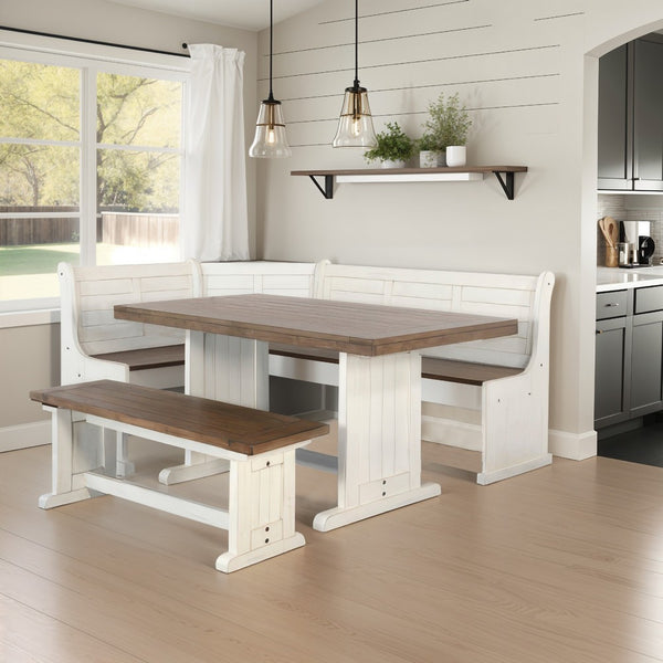 Sime 4pc Corner Breakfast Nook Set | Farmhouse White Brown Dining Table with 3 Benches - BM325263