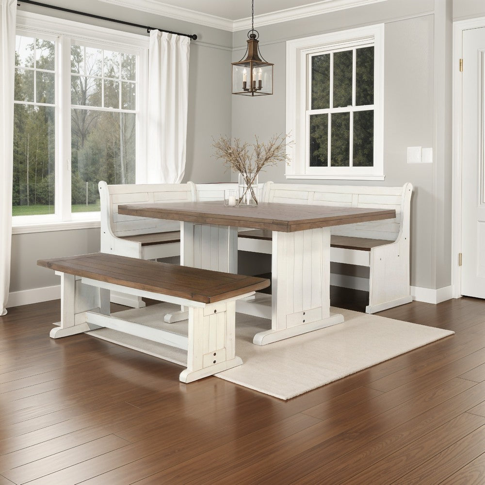 Sime 4pc Corner Breakfast Nook Set | Farmhouse White Brown Dining Table with 3 Benches - BM325263