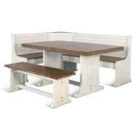 Sime 4pc Corner Breakfast Nook Set | Farmhouse White Brown Dining Table with 3 Benches - BM325263
