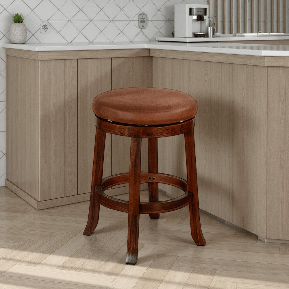 Odel Swivel Counter Stool Set of 2, Brown Faux Leather, Dark Mahogany -BM325282