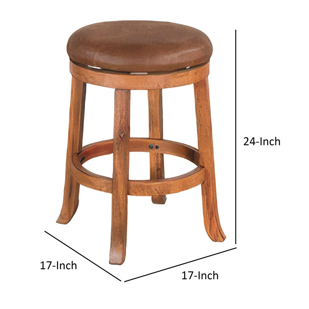 Marv Swivel Counter Stool Set of 2 | Faux Leather Seat | Rustic Oak Brown Mahogany Wood - BM325286
