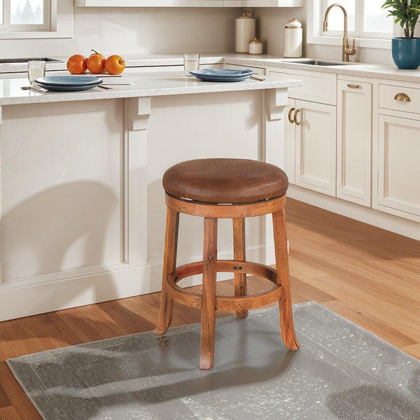 Marv Swivel Counter Stool Set of 2 | Faux Leather Seat | Rustic Oak Brown Mahogany Wood - BM325286