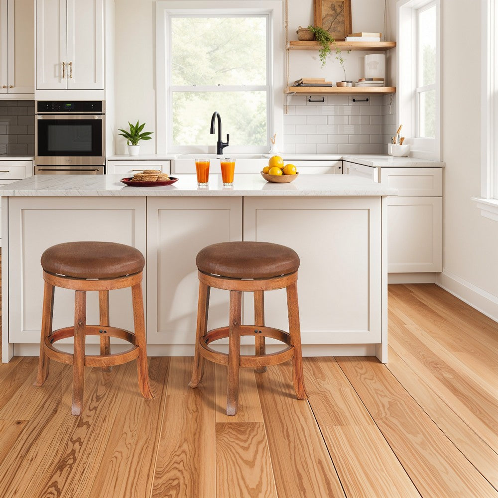 Marv Swivel Counter Stool Set of 2 | Faux Leather Seat | Rustic Oak Brown Mahogany Wood - BM325286