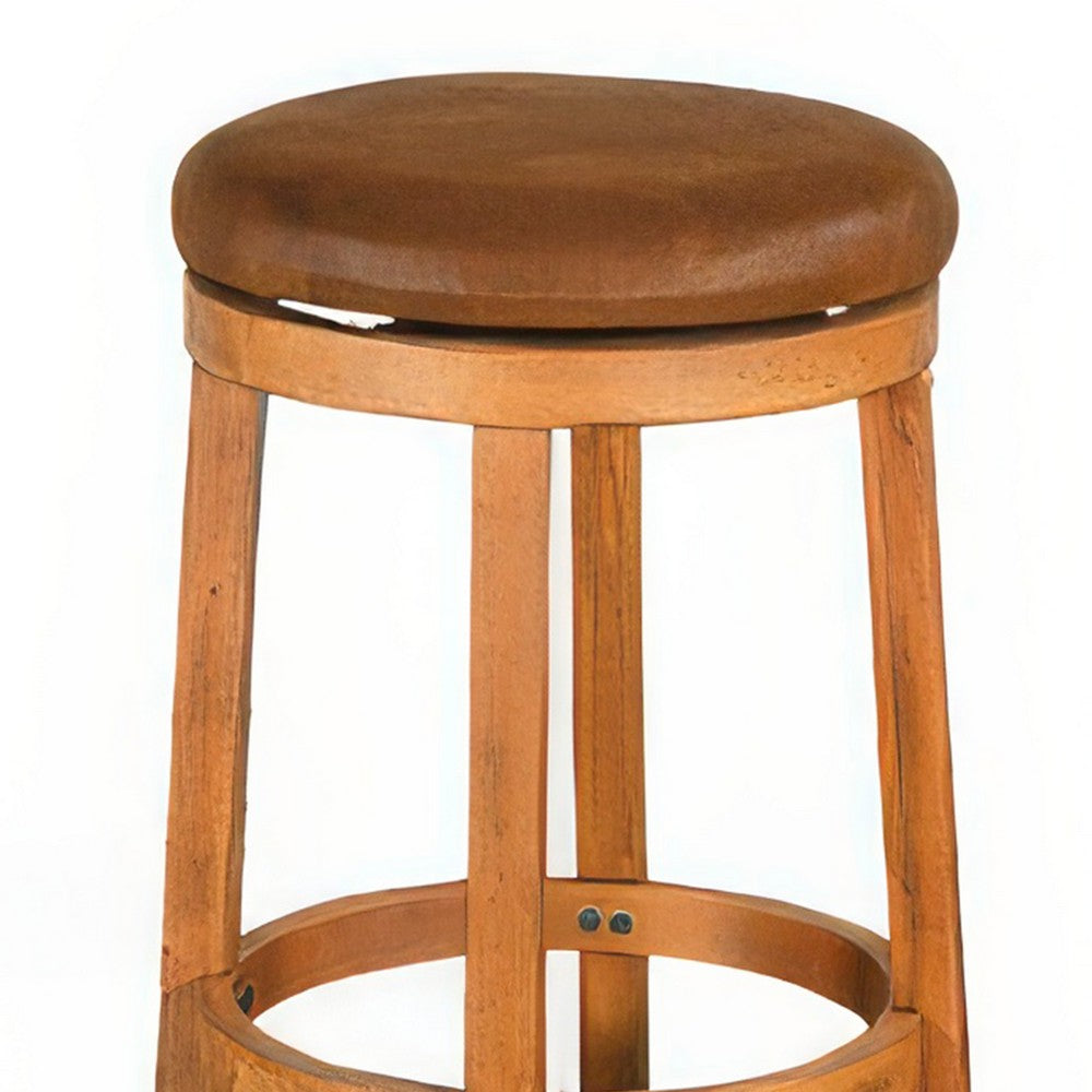 Marv Swivel Barstool Set of 2, Brown Faux Leather, Mahogany Wood -BM325287
