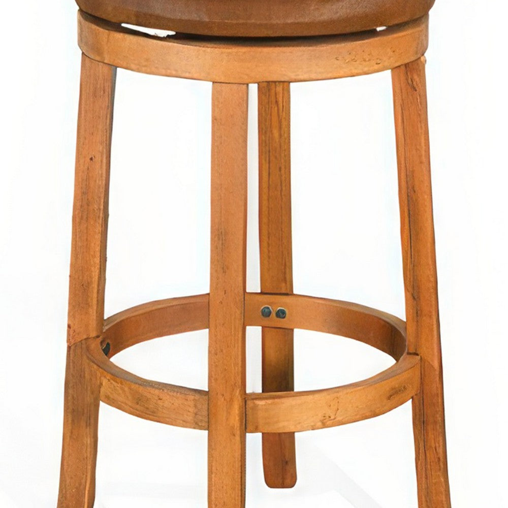 Marv Swivel Barstool Set of 2, Brown Faux Leather, Mahogany Wood -BM325287