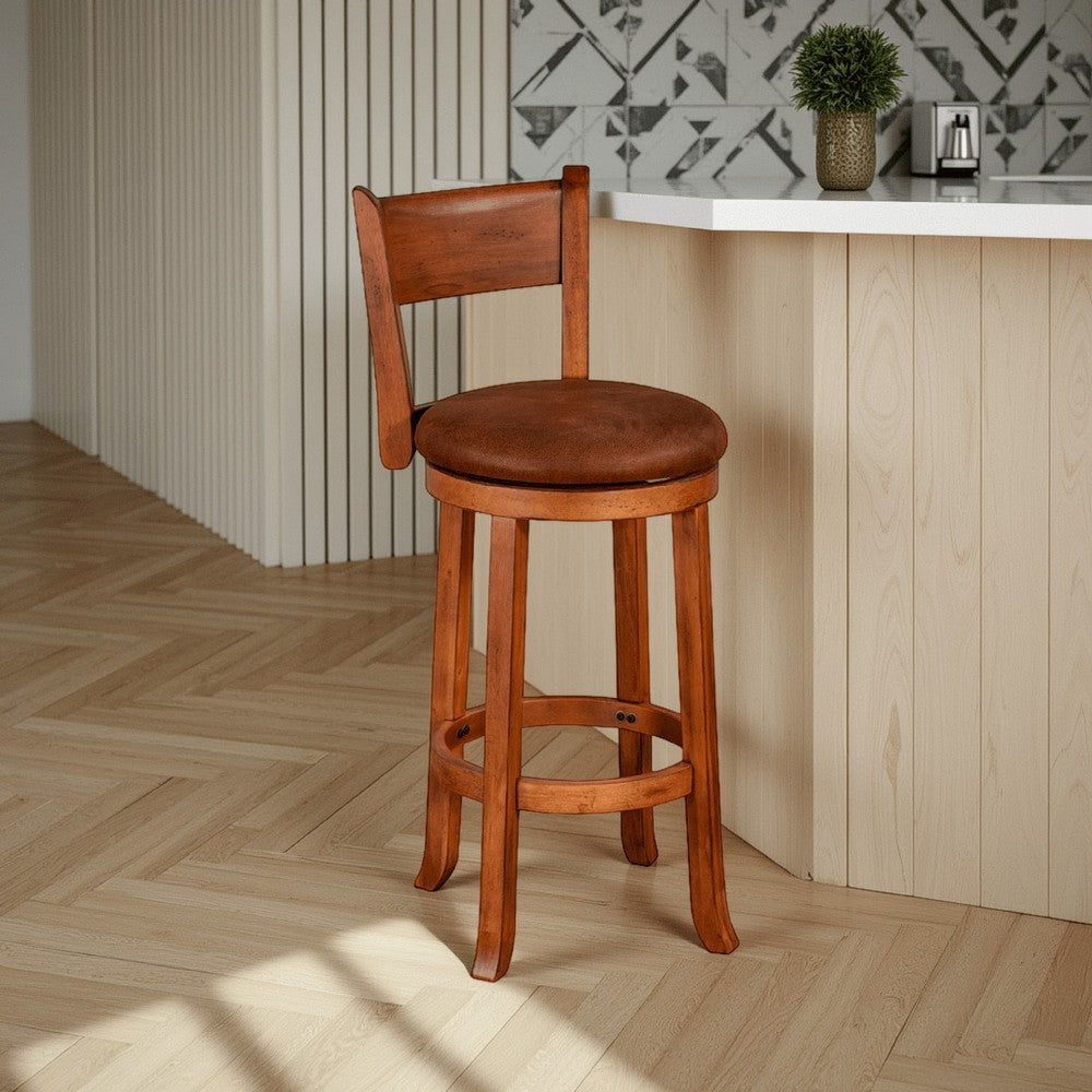 Marv Swivel Barstool Chair Set of 2, Brown Faux Leather, Mahogany Wood -BM325289